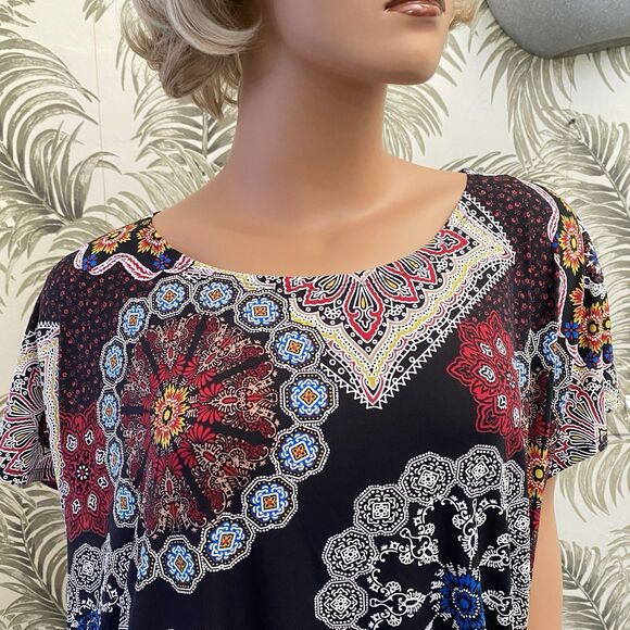 Faux Wrap Dress Boho 2X Medallions Side Tie Swing Textured Wrinkle Resistant - Picture 11 of 14